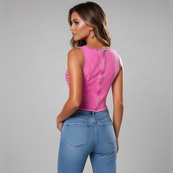 Hot Distressed Pink Denim Top - Picture 4 of 8